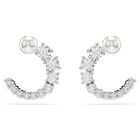 Matrix hoop earrings, Crystal pearl, Round cut, White, Rhodium plated