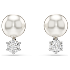 Matrix stud earrings, Crystal pearl, Round cut, White, Rhodium plated